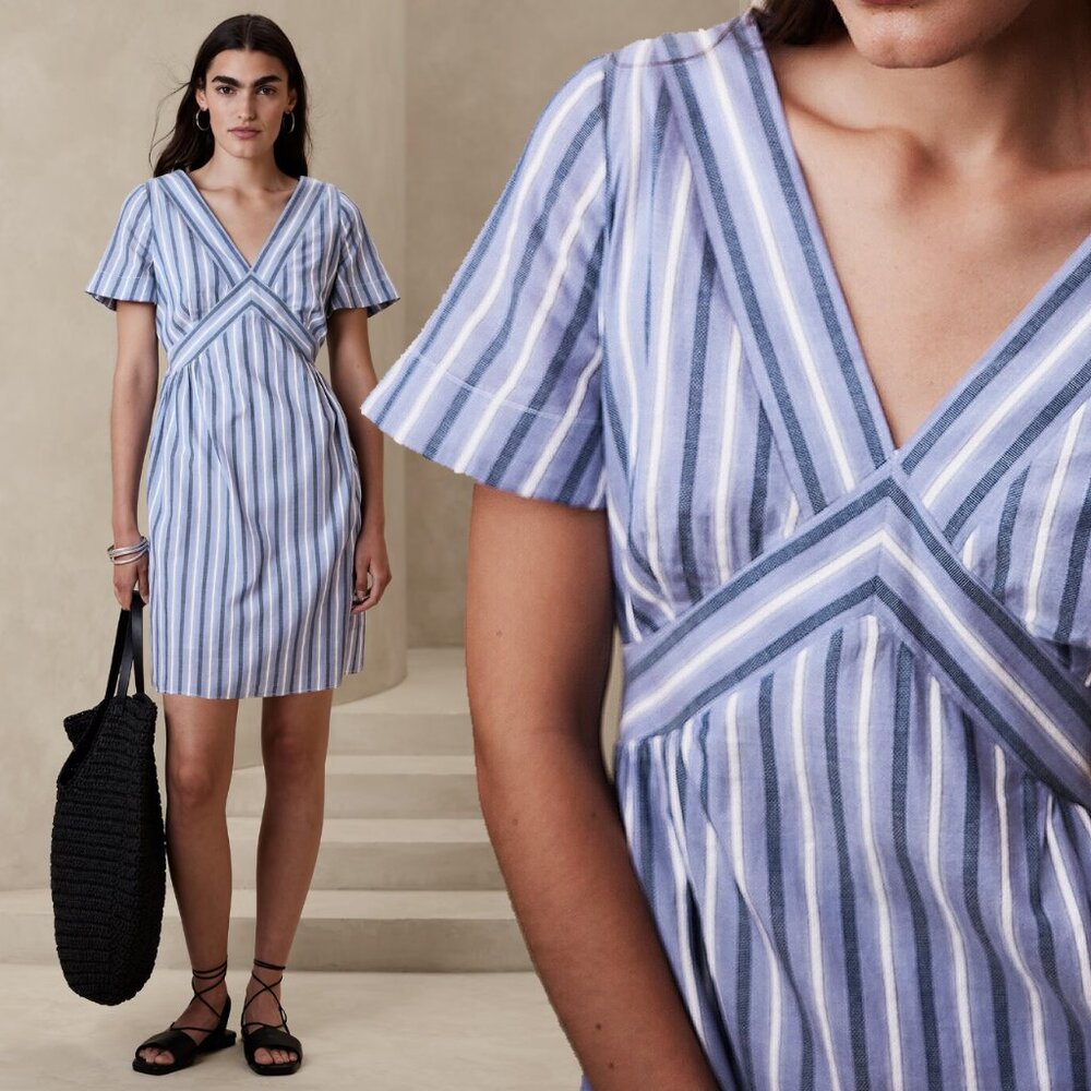 NWOT Banana Republic 100% Cotton Short Sleeve V-Neck Dress (M) Blue White Stripe